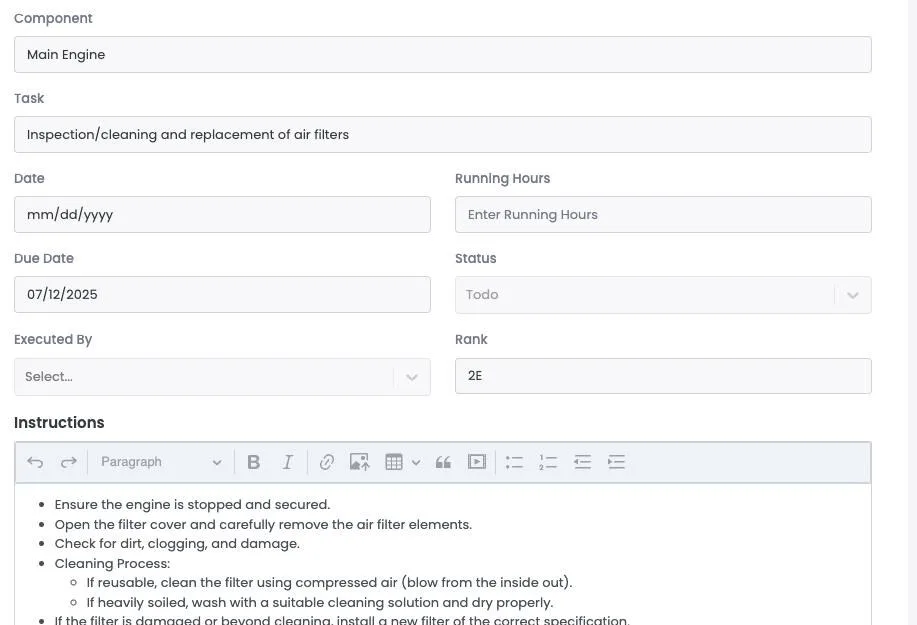 MPMS | job card, instructions & rank
